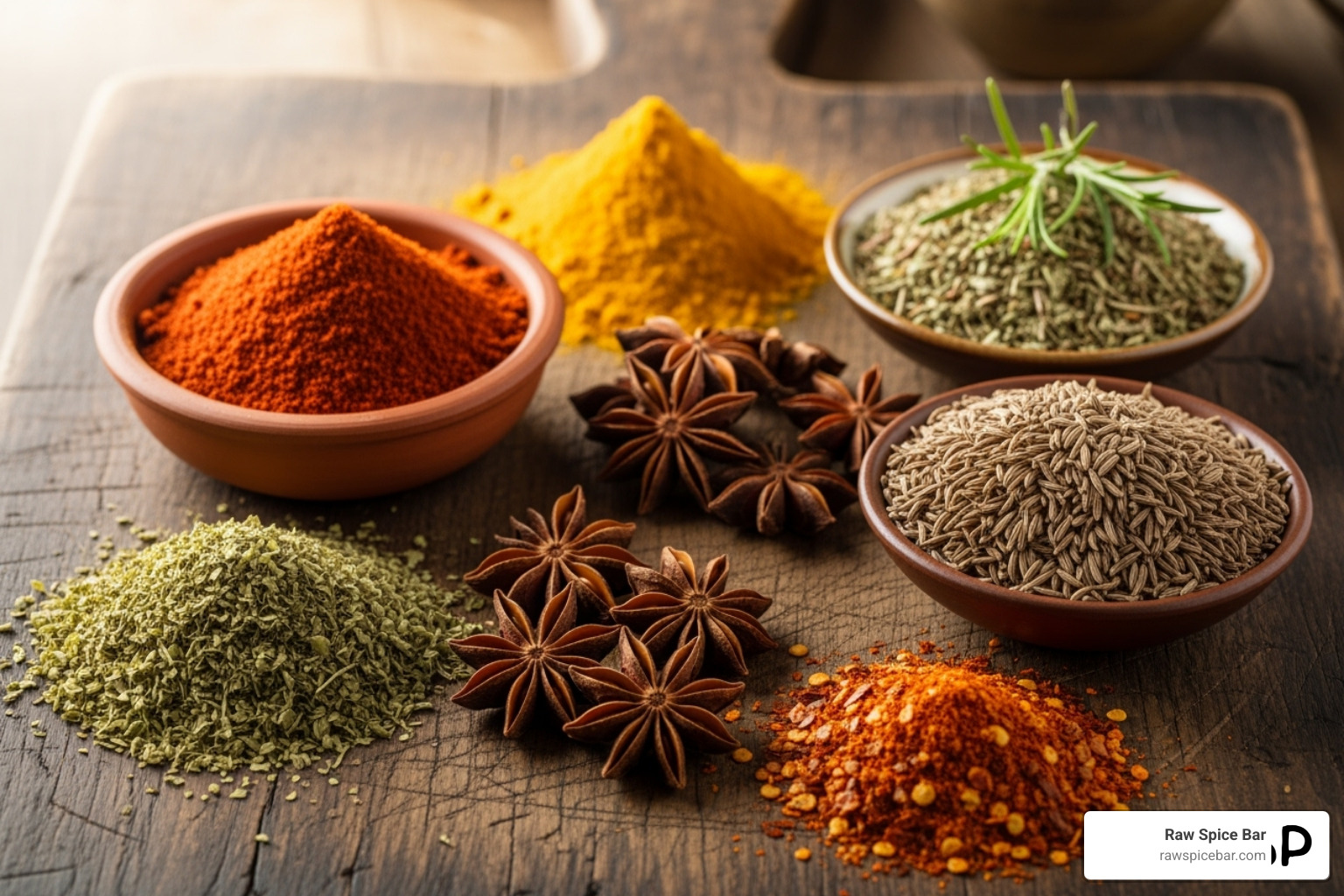 the 7 different substitute herbs and blends arranged on a wooden board - best poultry seasoning substitute