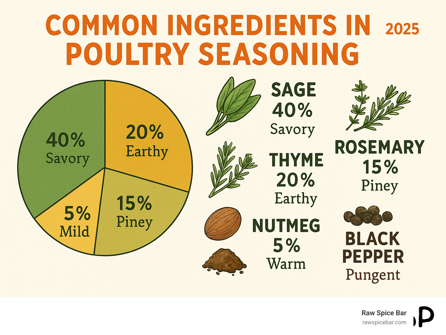 Infographic showing the common ingredients in poultry seasoning: sage (main component), thyme, rosemary, marjoram, nutmeg, and black pepper, with their proportions and flavor profiles - best poultry seasoning substitute infographic 