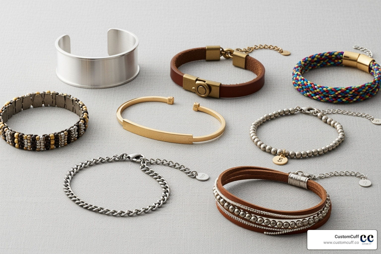 A flat lay of different custom coordinate bracelet styles, including cuff, bar, leather, and rope - custom bracelet with coordinates A flat lay of different custom coordinate bracelet styles, including cuff, bar, leather, and rope - custom bracelet with coordinates