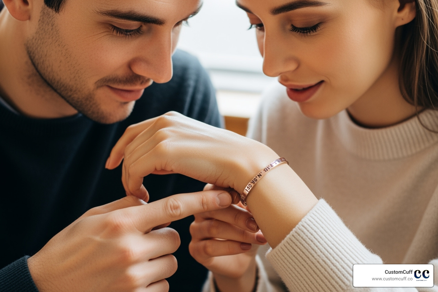 A couple smiling while looking at a custom coordinate bracelet on a woman's wrist - custom bracelet with coordinates A couple smiling while looking at a custom coordinate bracelet on a woman's wrist - custom bracelet with coordinates