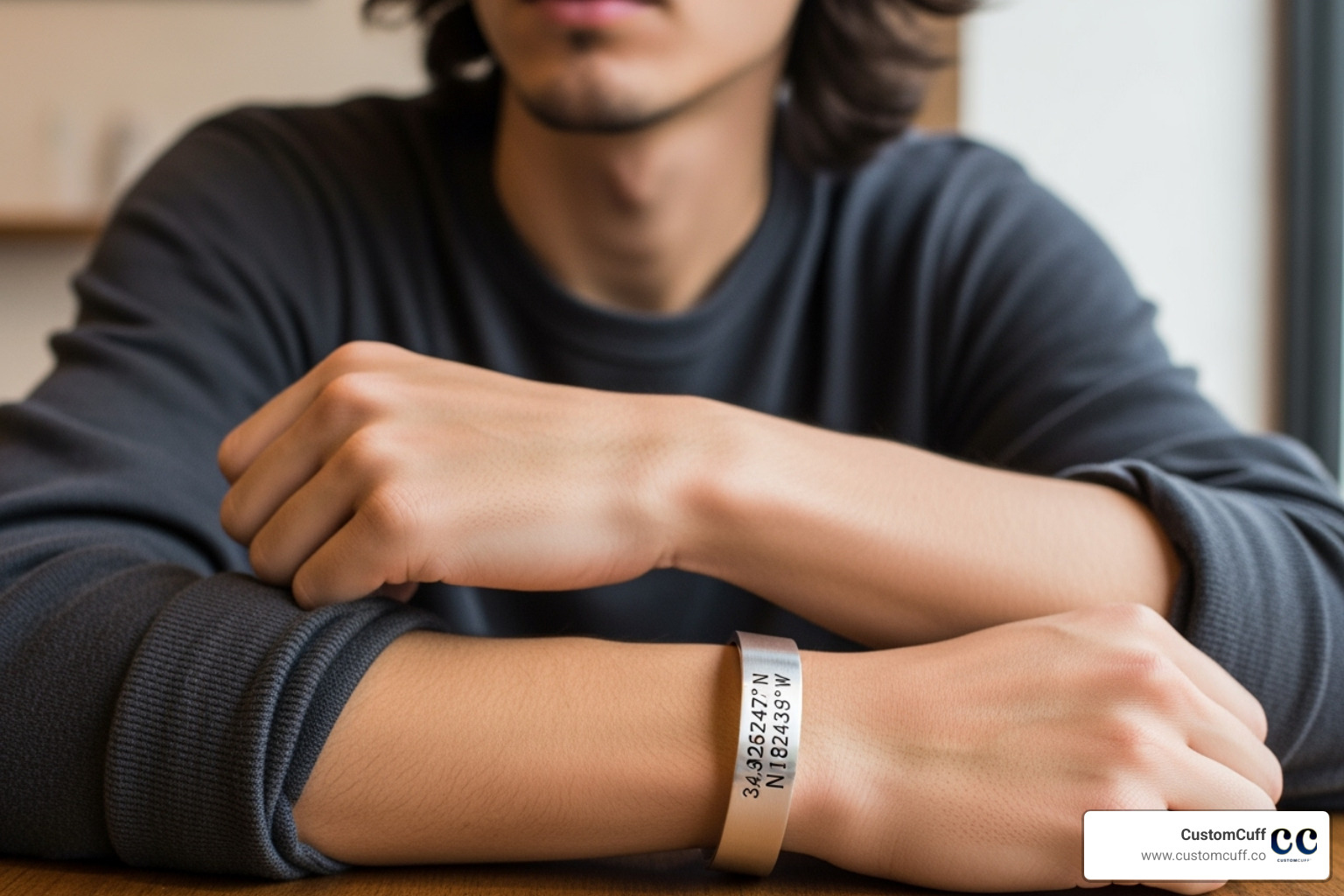 A close-up of a man wearing a silver cuff custom coordinate bracelet - custom bracelet with coordinates A close-up of a man wearing a silver cuff custom coordinate bracelet - custom bracelet with coordinates
