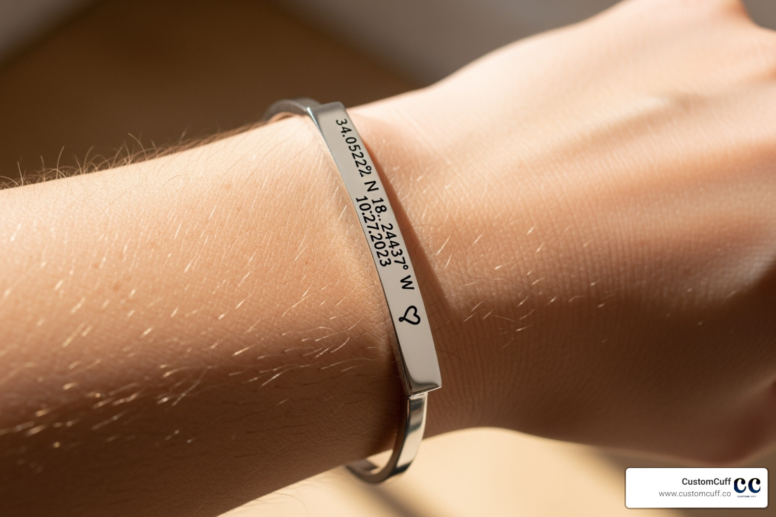 A close-up of a custom bracelet with coordinates, a date, and a heart symbol engraved - custom bracelet with coordinates A close-up of a custom bracelet with coordinates, a date, and a heart symbol engraved - custom bracelet with coordinates