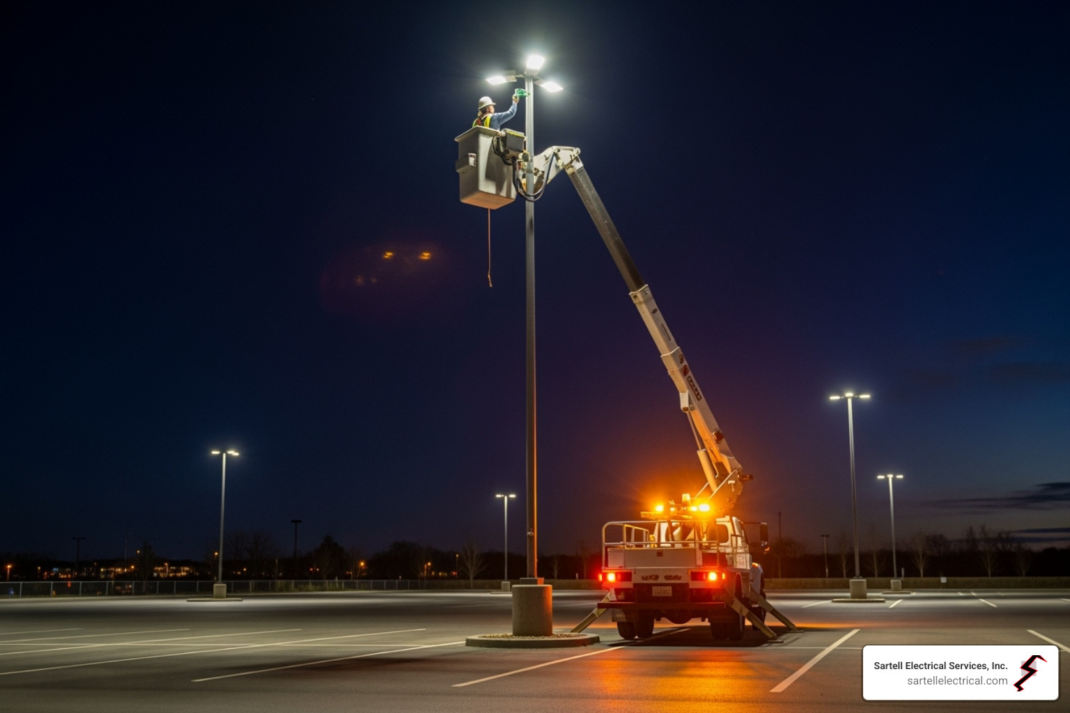 electrician in a bucket truck servicing a parking lot light - parking lot lighting companies near me