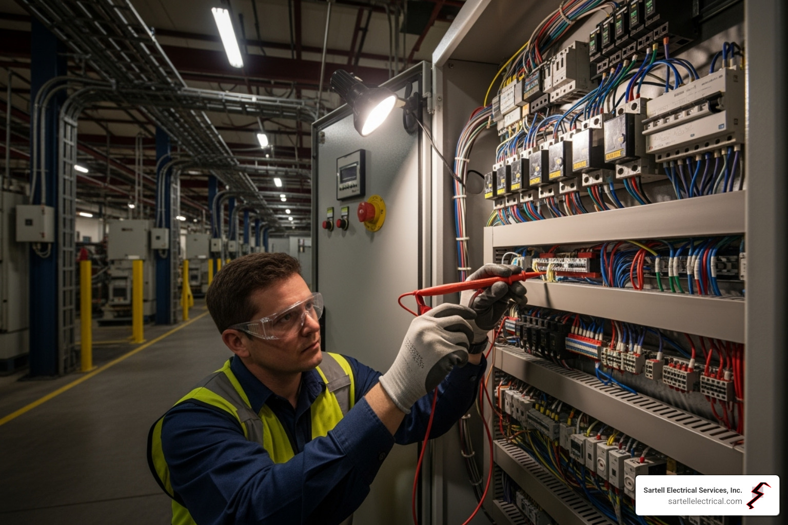 Industrial electrician troubleshooting a large motor control center with complex wiring - commercial and industrial electrician