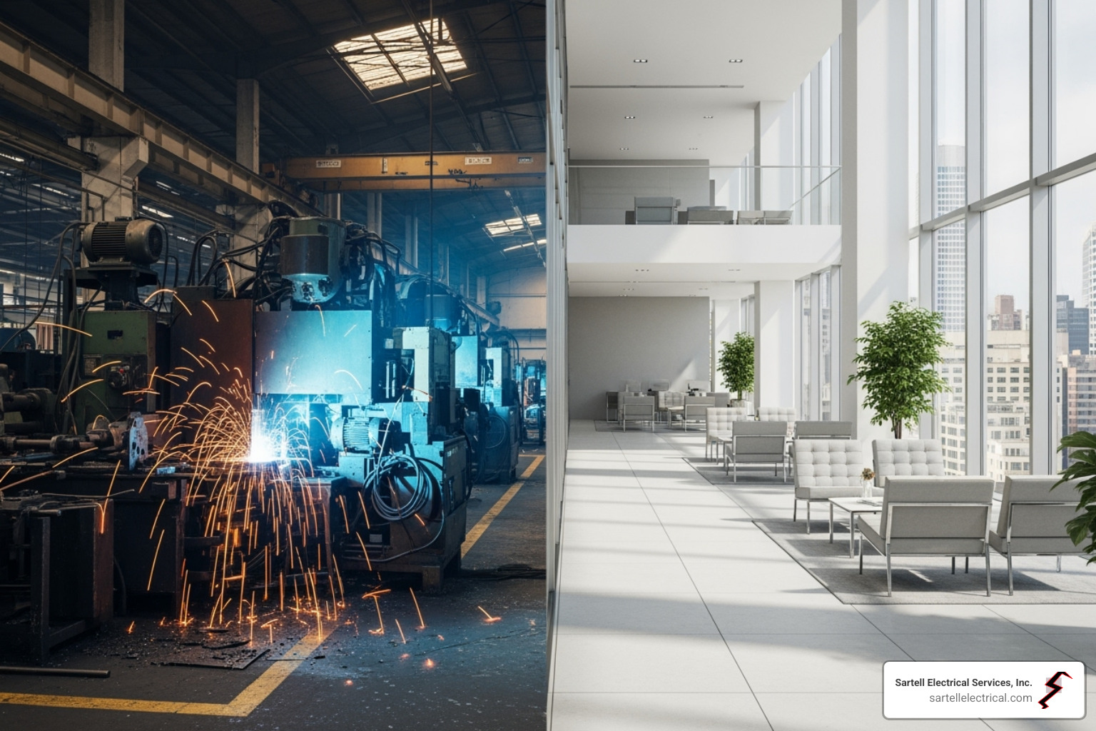 Industrial factory floor with complex machinery vs. modern office building lobby - commercial and industrial electrician