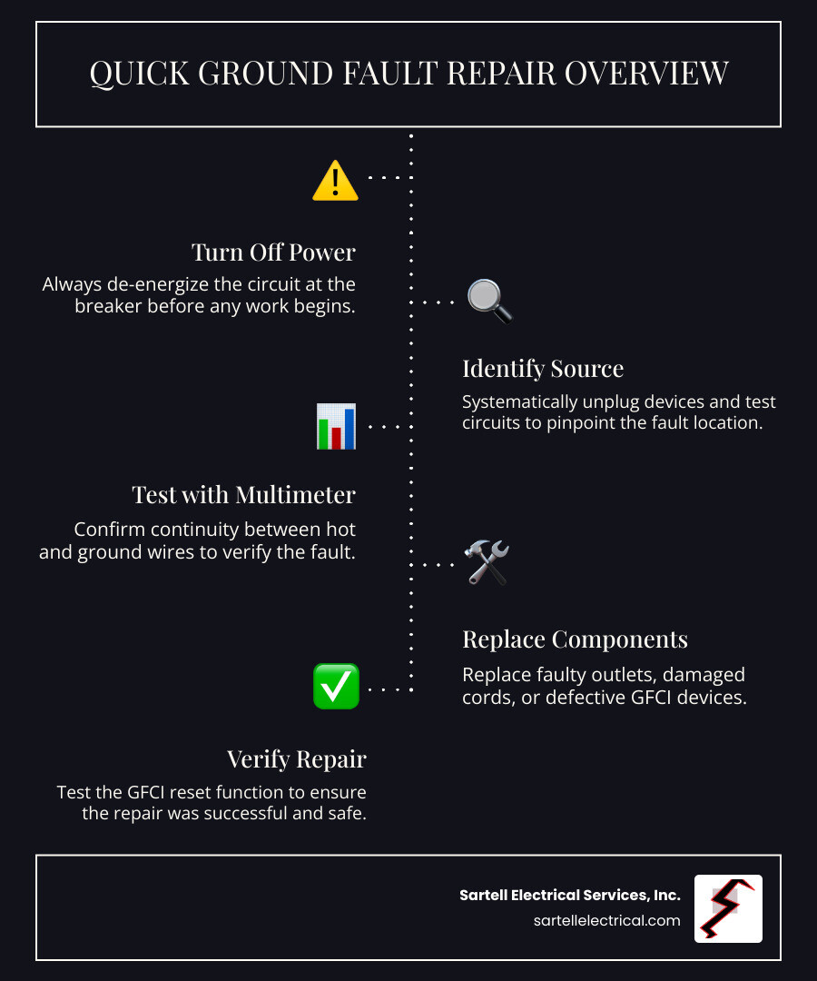 Detailed infographic showing the electrical path of a ground fault from a damaged appliance cord through a person to ground, with a GFCI outlet detecting the current imbalance and tripping to prevent shock, including voltage measurements and safety statistics - Ground fault repair infographic infographic-line-5-steps-dark