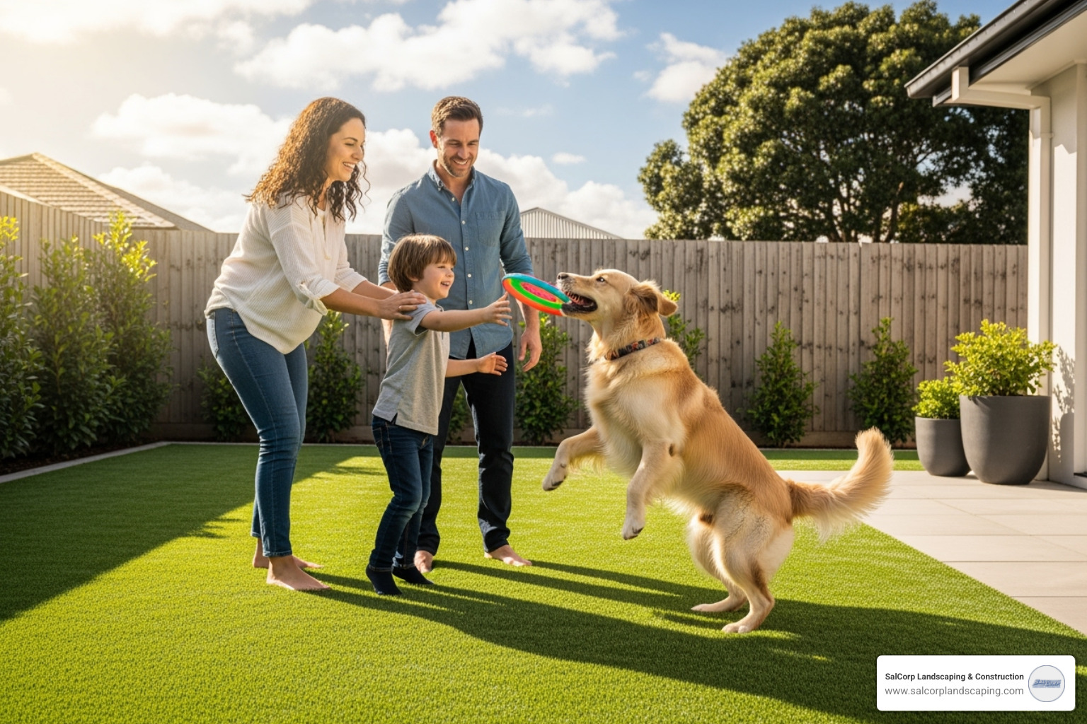 happy family with a dog playing on a clean, mud-free artificial lawn - artificial lawn companies near me happy family with a dog playing on a clean, mud-free artificial lawn - artificial lawn companies near me