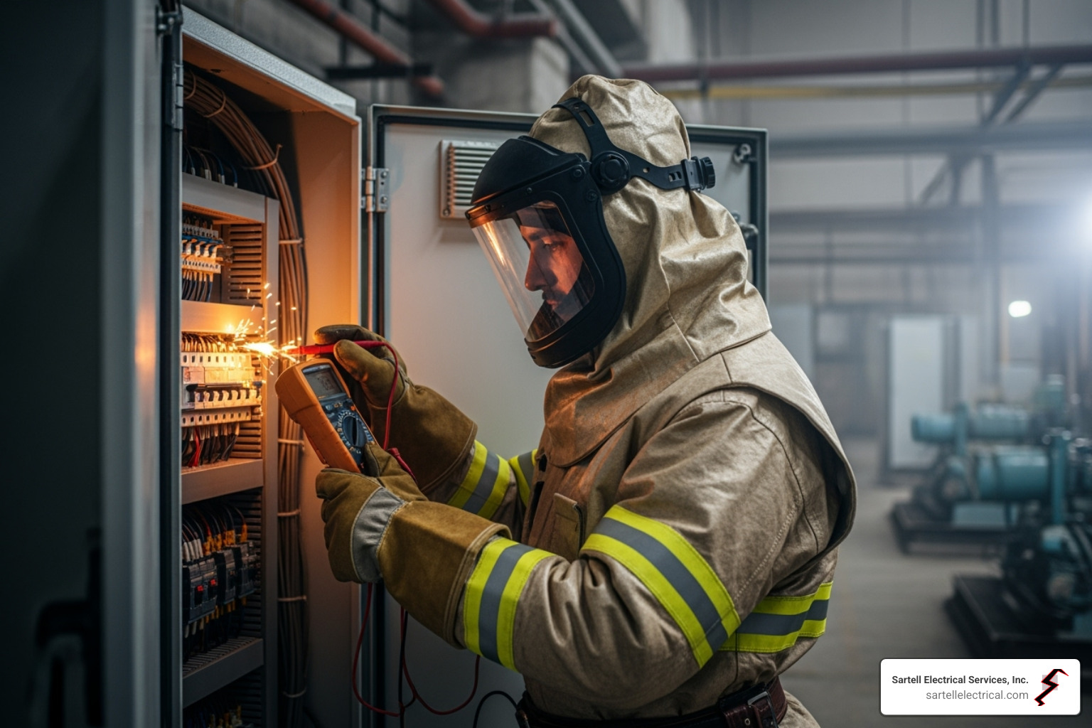 an electrician wearing proper proper PPE, including an arc flash suit - Industrial Electrical Services