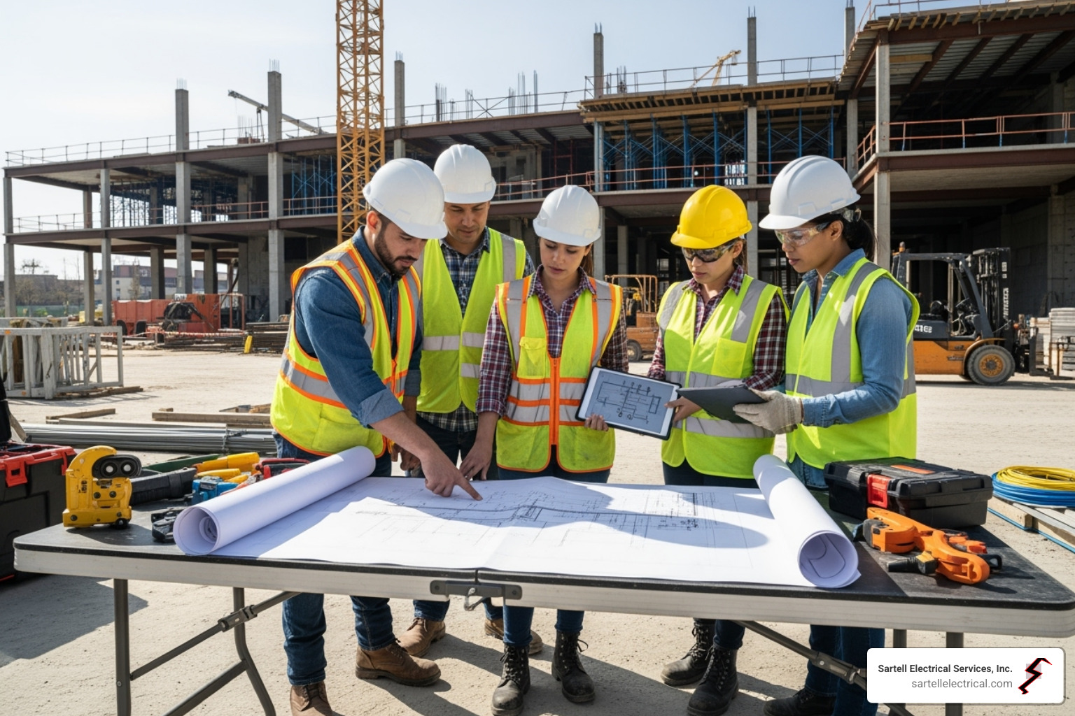 a team of professional electricians reviewing blueprints on a job site - Industrial Electrical Services