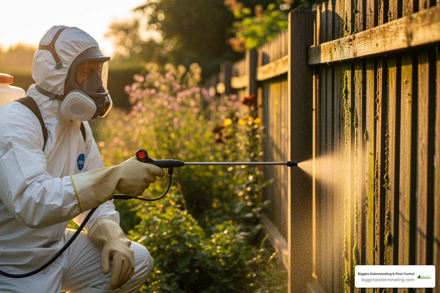 Person in protective gear applying insecticide - residual insecticide for carpenter bees Person in protective gear applying insecticide - residual insecticide for carpenter bees