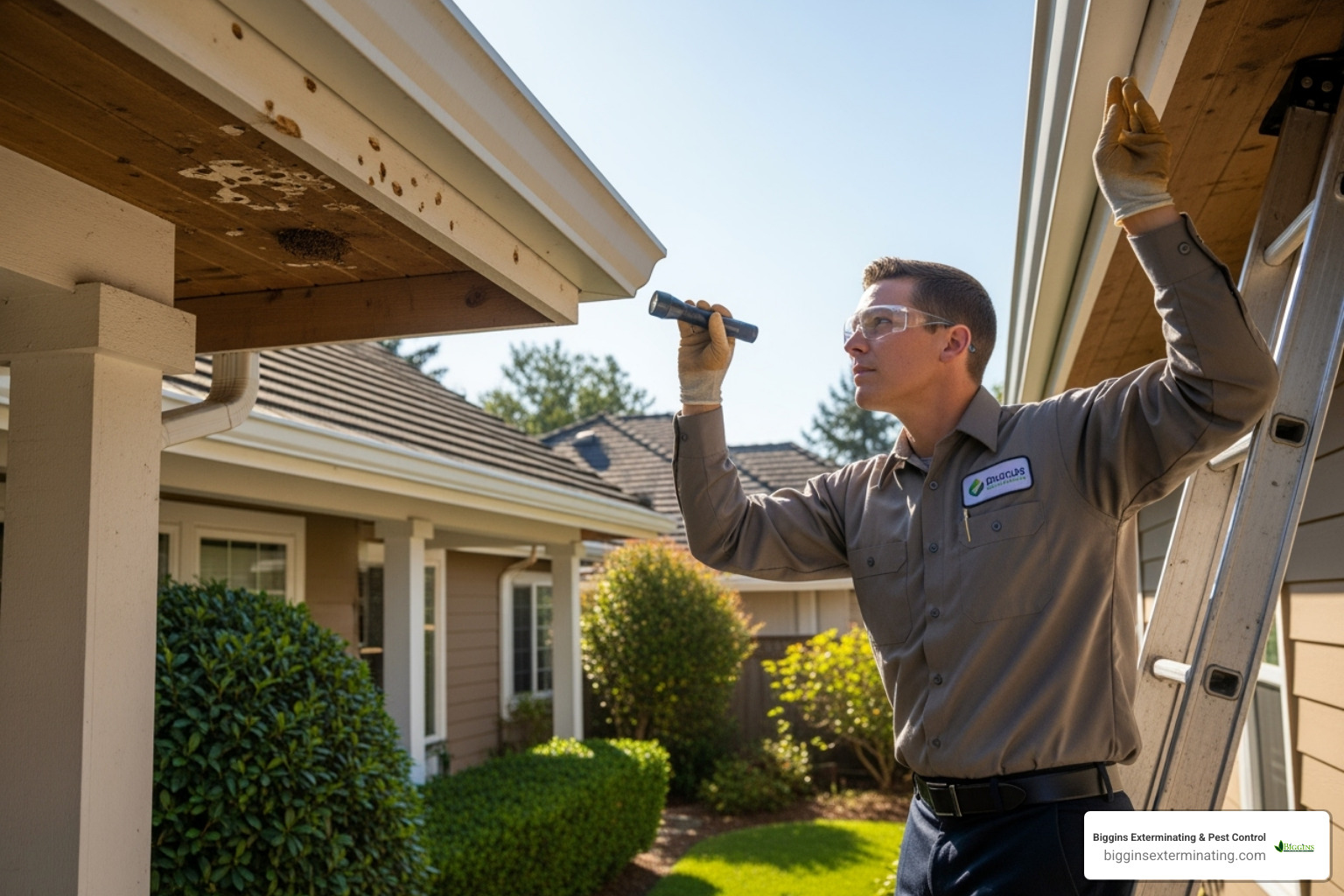 Professional pest control technician inspecting home - residual insecticide for carpenter bees Professional pest control technician inspecting home - residual insecticide for carpenter bees