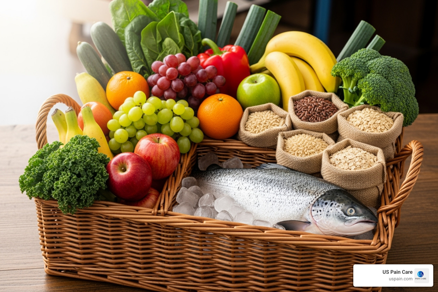 of a grocery basket filled with fresh fruits, vegetables, fish, and whole grains - nutritional guidance for pain