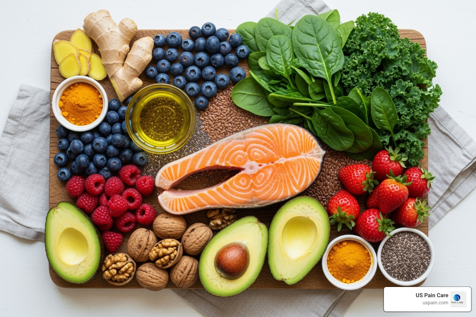 showing different foods that help specific conditions like arthritis and IBS - nutritional guidance for pain