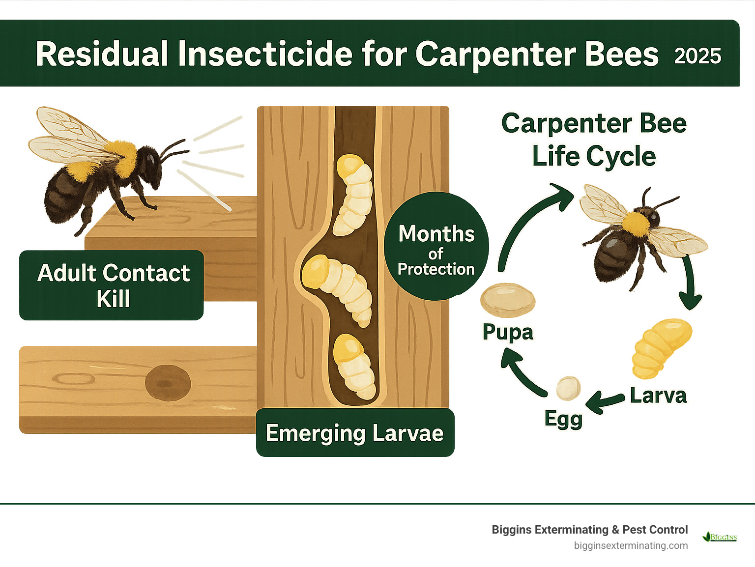 Infographic showing carpenter bee life cycle, tunnel structure, and how residual insecticides work at each stage - from adult contact kill to eliminating emerging larvae over months of protection - residual insecticide for carpenter bees infographic Infographic showing carpenter bee life cycle, tunnel structure, and how residual insecticides work at each stage - from adult contact kill to eliminating emerging larvae over months of protection - residual insecticide for carpenter bees infographic