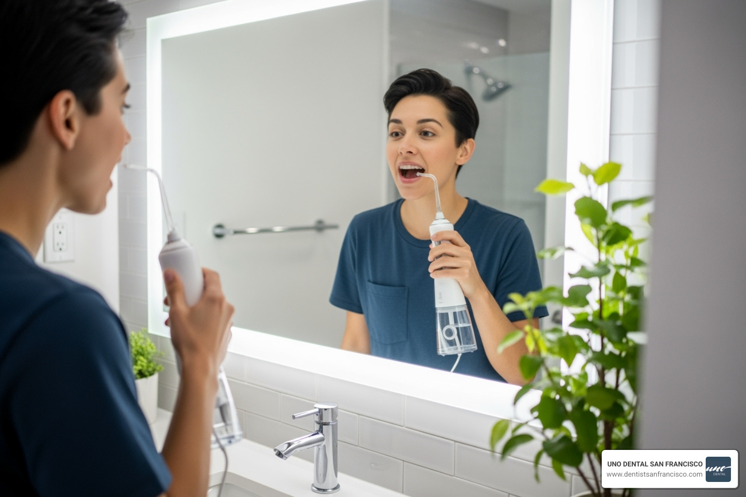 person practicing good oral hygiene, like flossing or using a water flosser - best teeth whitening kit after braces