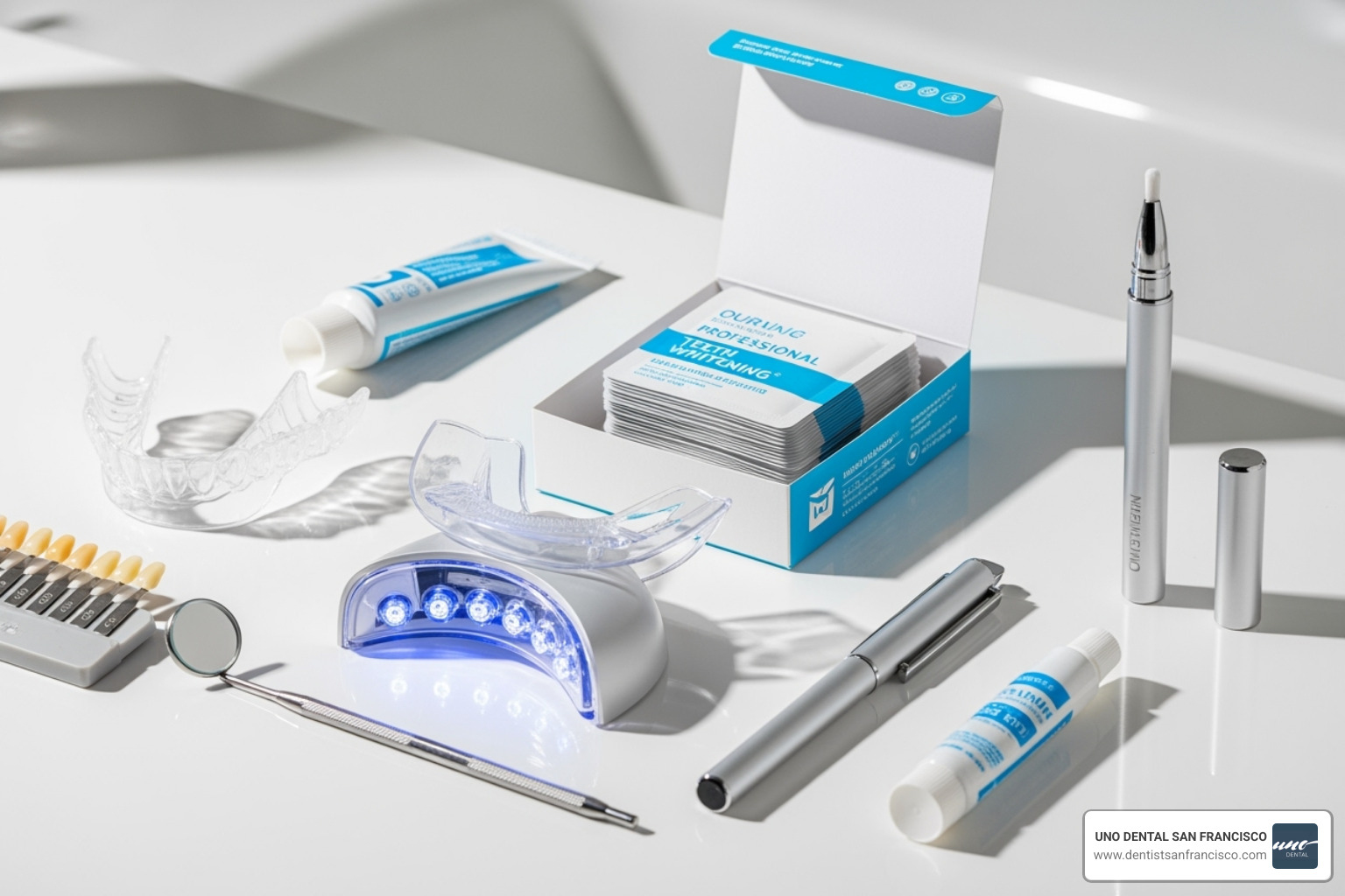 different types of whitening kits (strips, trays, pen, LED light) arranged neatly - best teeth whitening kit after braces