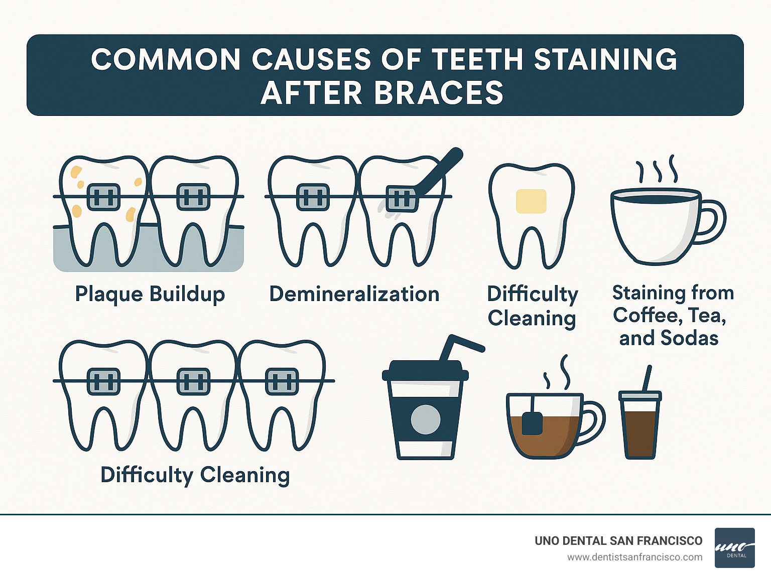 Infographic showing common causes of teeth staining after braces including plaque buildup around brackets, demineralization creating white spots, difficulty cleaning between wires, adhesive residue from bracket removal, and staining from coffee, tea, and sodas during orthodontic treatment - best teeth whitening kit after braces infographic 