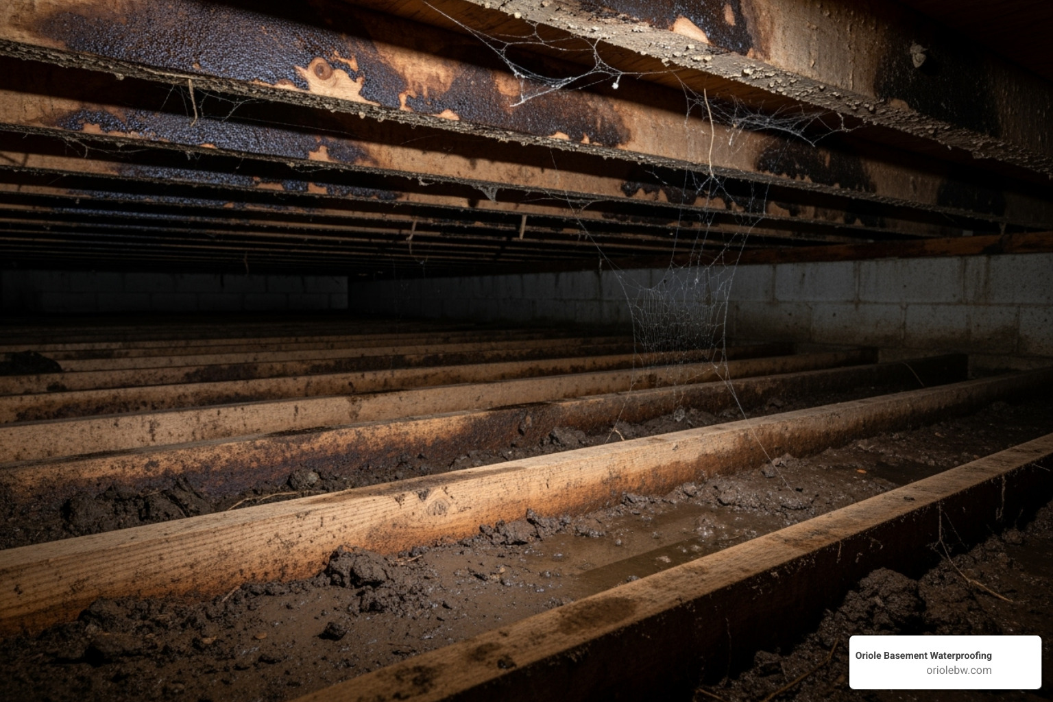 A damp, dark crawl space with visible moisture on the joists and ground, hinting at chronic moisture problems