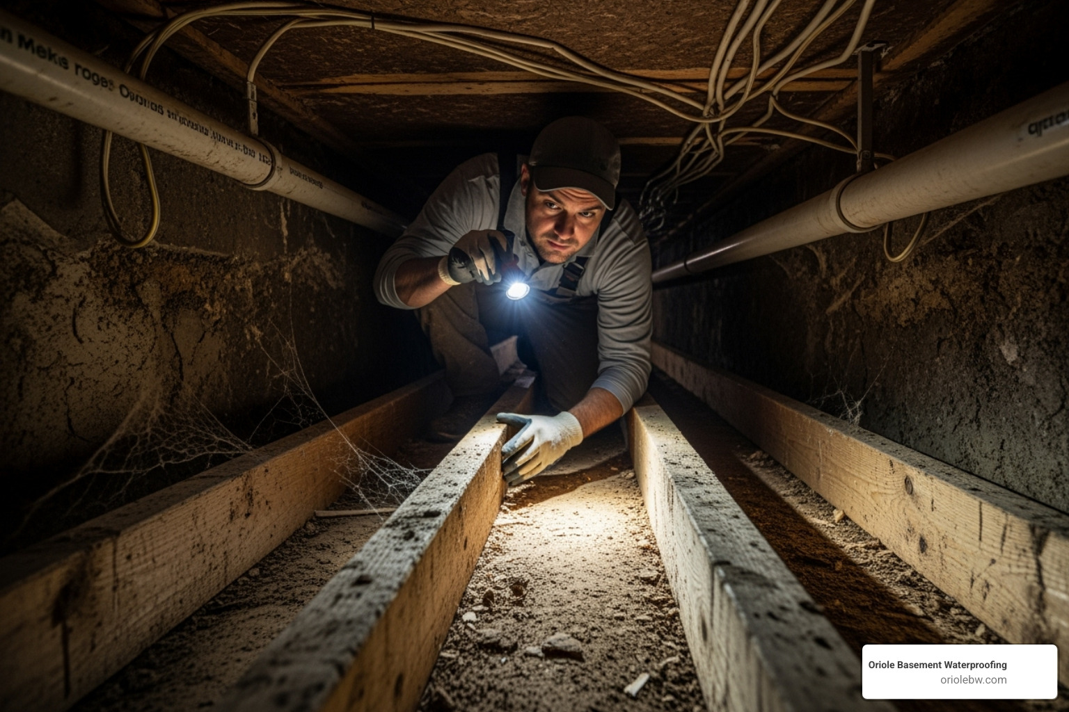 A professional technician carefully inspecting floor joists in a dimly lit crawl space with a flashlight, highlighting the need for expert assessment