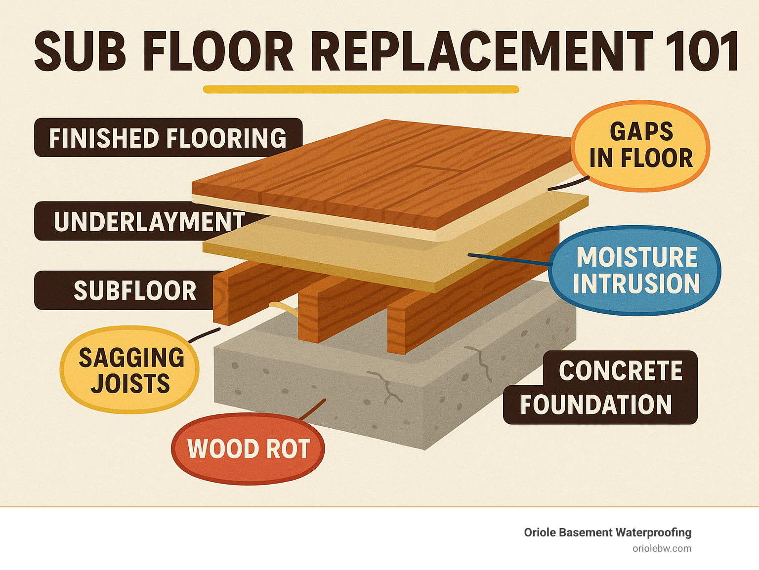 Detailed infographic showing the structural layers of a typical Maryland home floor system, from the concrete foundation and joists up to the finished flooring, with callouts for common failure points and moisture intrusion areas