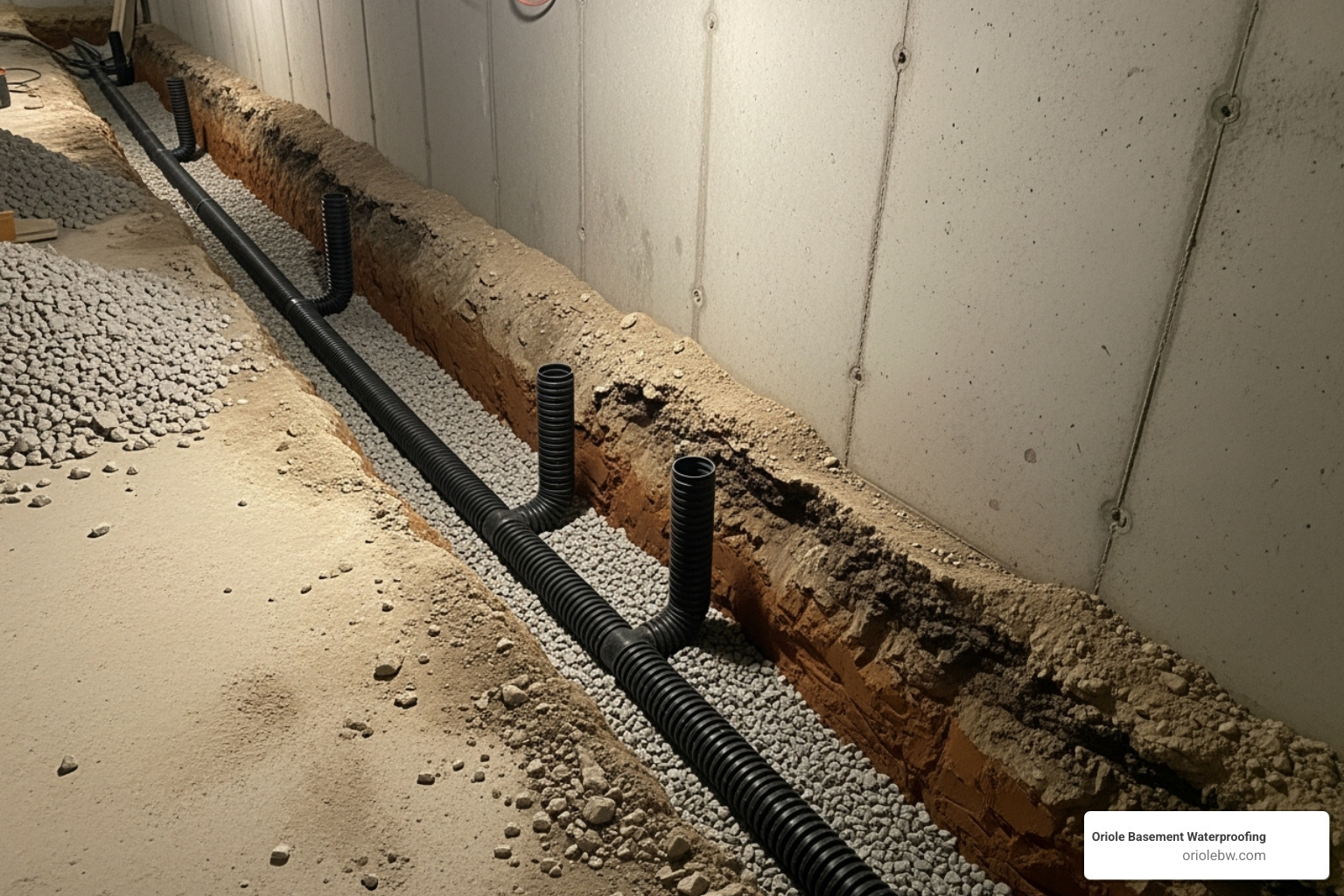 An interior drainage system being installed along a basement wall, showing a trench dug along the perimeter with drainage pipes and gravel before being covered with concrete - basement waterproofing company baltimore