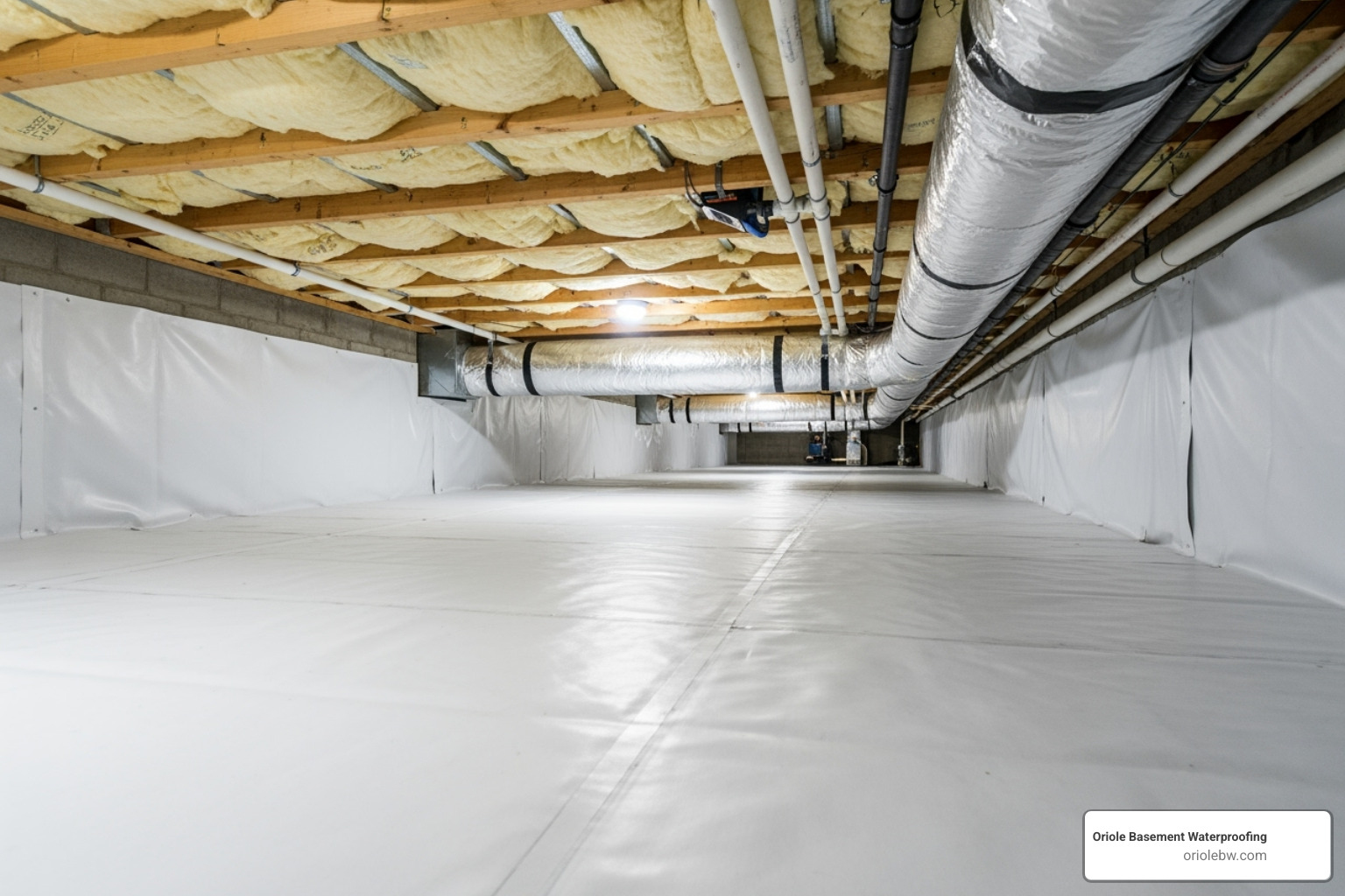A clean, bright, encapsulated crawlspace with a white vapor barrier covering the floor and walls, and visible insulation between floor joists - basement waterproofing company baltimore