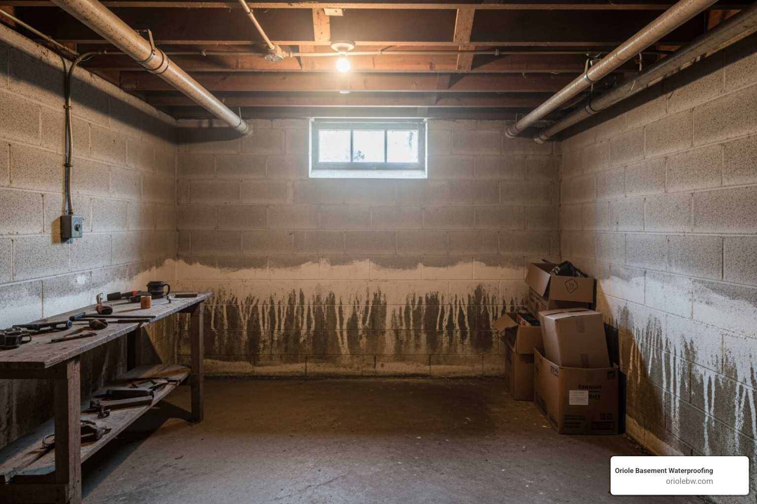 A classic Baltimore rowhome basement with visible water stains on the lower portion of the concrete block wall, a faint musty smell, and damp air, indicating moisture issues - basement waterproofing company baltimore