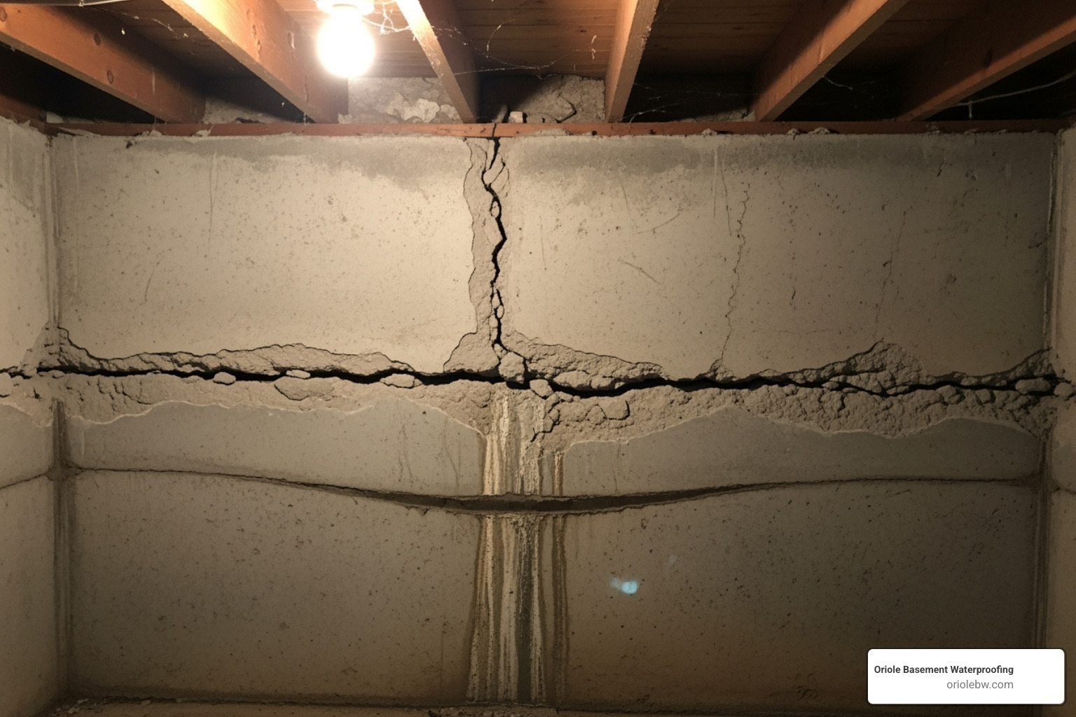 A foundation wall with a clearly visible horizontal crack and a slight inward bow, indicating significant structural stress - basement waterproofing company baltimore