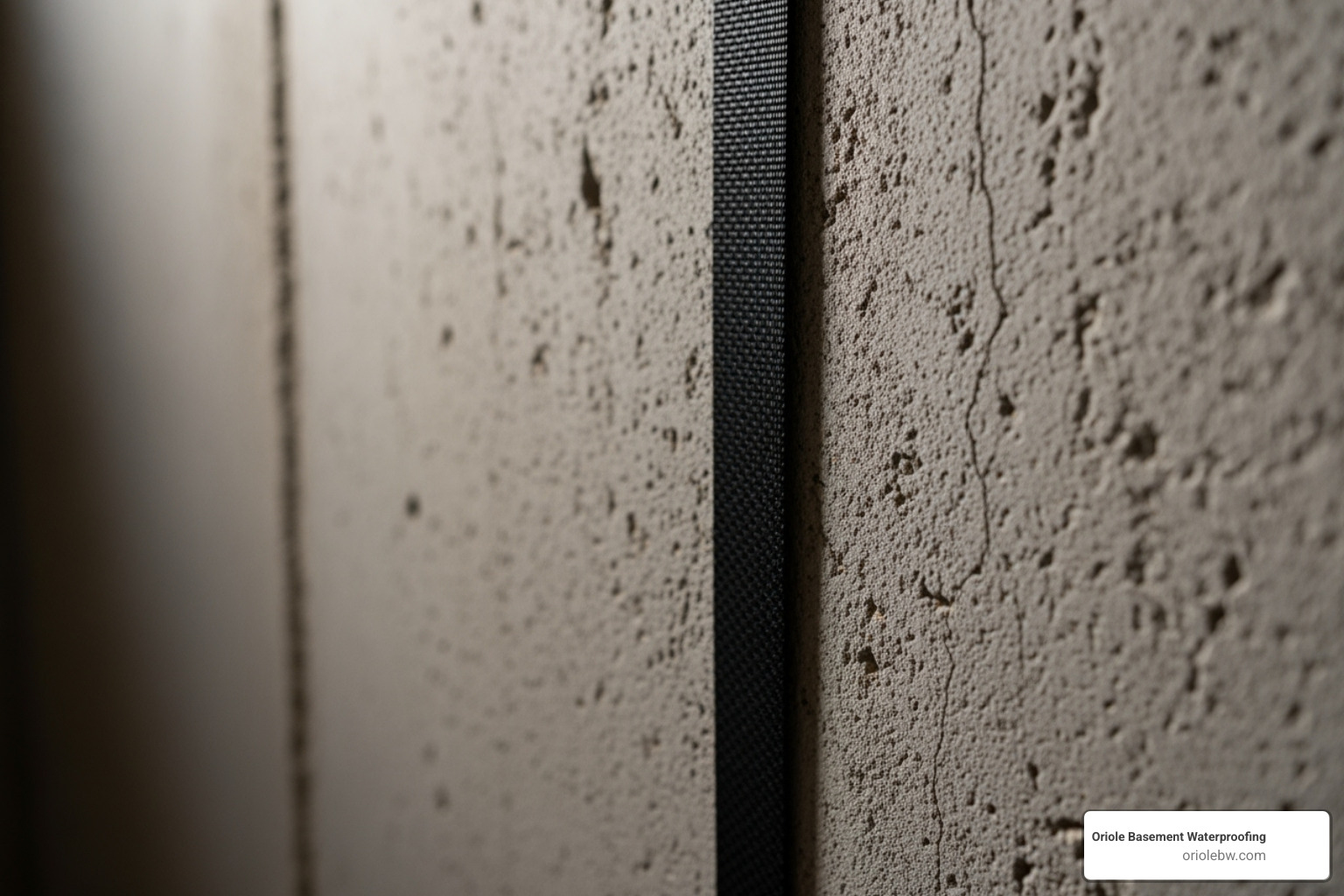 A close-up image of a concrete basement wall with a newly installed carbon fiber strap, showing a clean, professional application against the concrete - basement wall leak repair