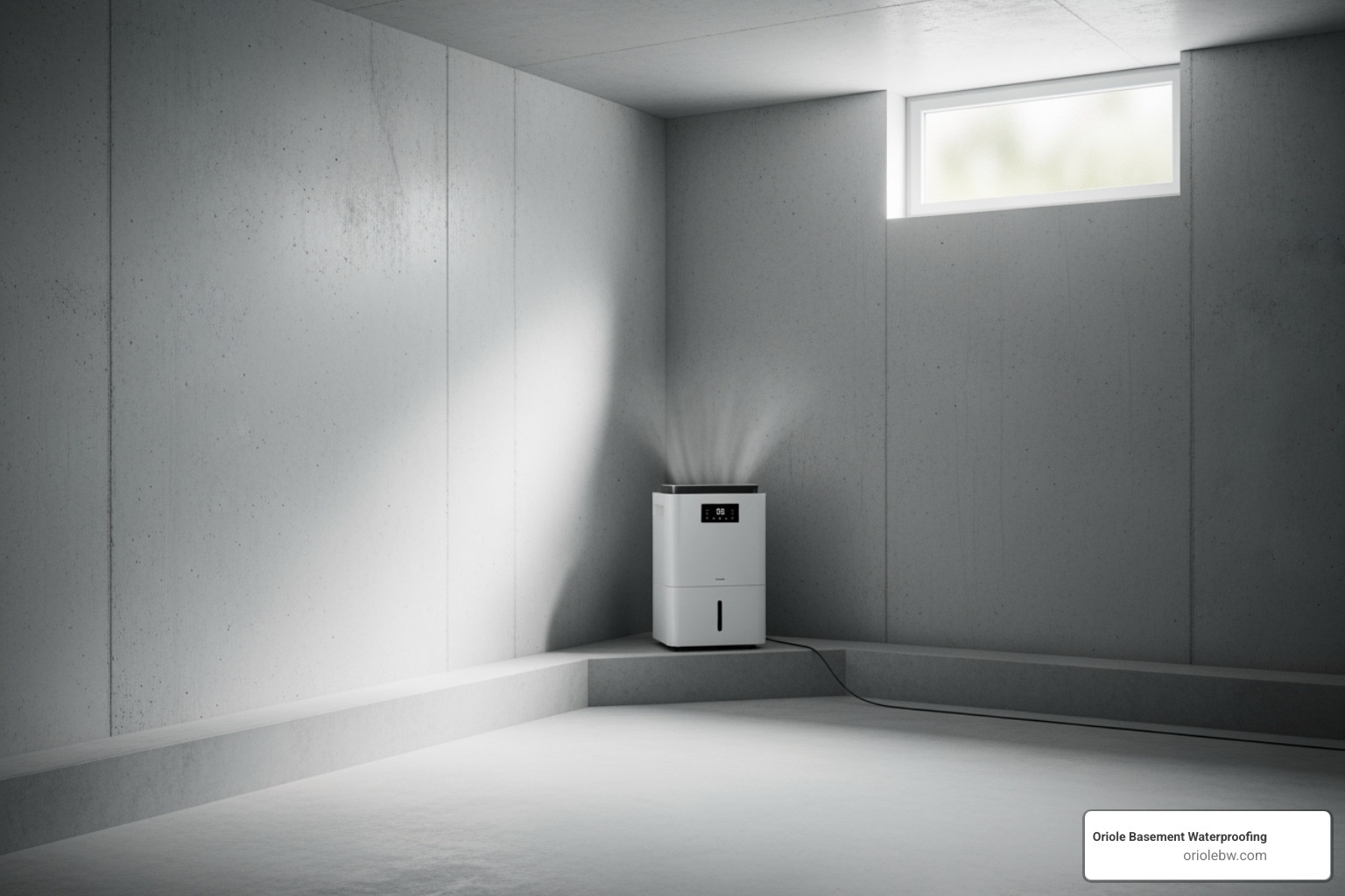 A clean, dry basement with a dehumidifier running in the corner, showing well-maintained walls and flooring - basement wall leak repair