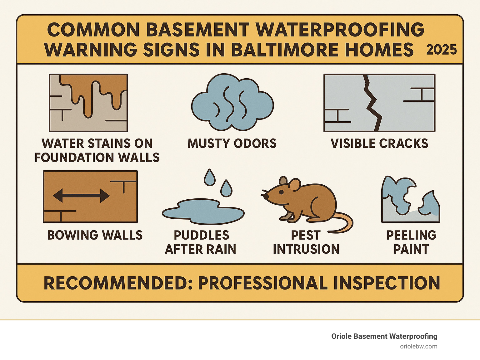 Infographic showing common basement waterproofing warning signs in Baltimore homes including water stains on foundation walls, musty odors, visible cracks, bowing walls, puddles after rain, peeling paint, and pest intrusion with recommended professional inspection steps - basement waterproofing company baltimore infographic 