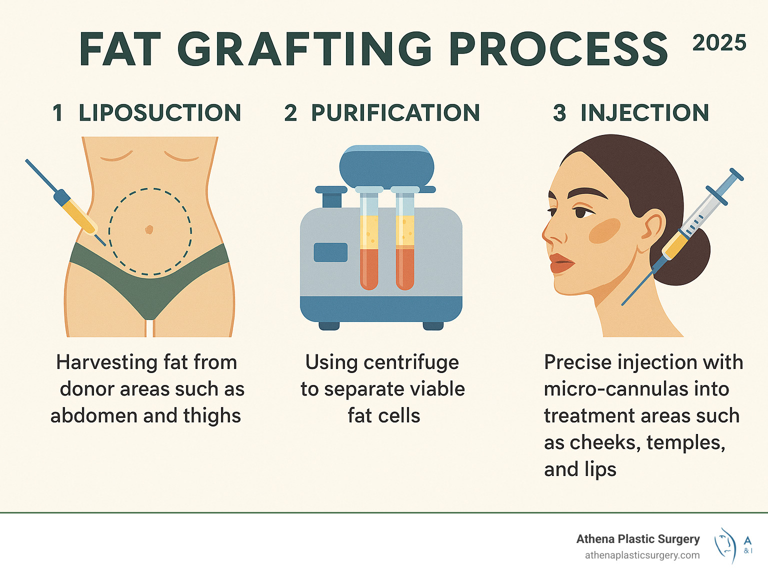 Detailed infographic showing the three-step fat grafting process: Step 1 shows liposuction harvesting fat from donor areas like abdomen and thighs, Step 2 displays the purification process using centrifuge to separate viable fat cells, and Step 3 illustrates precise injection using micro-cannulas into treatment areas like cheeks, temples, and lips - fat grafting west palm beach infographic 