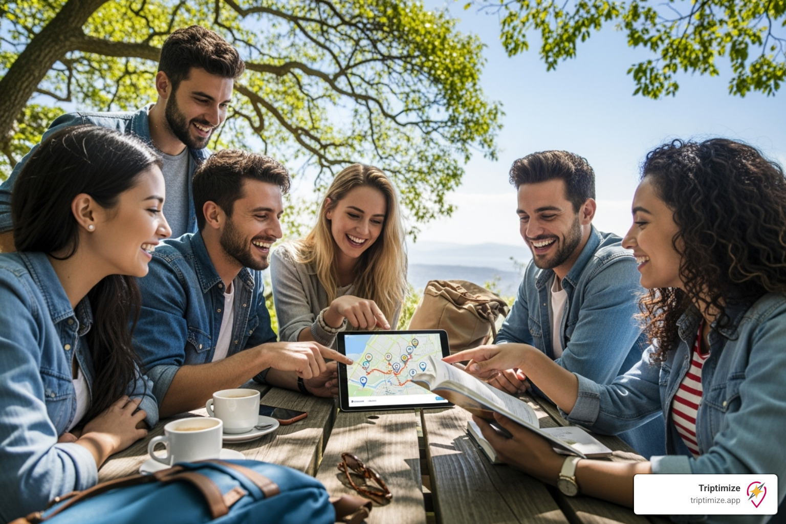 A group of friends happily collaborating on a trip using a tablet - travel itinerary creator app A group of friends happily collaborating on a trip using a tablet - travel itinerary creator app