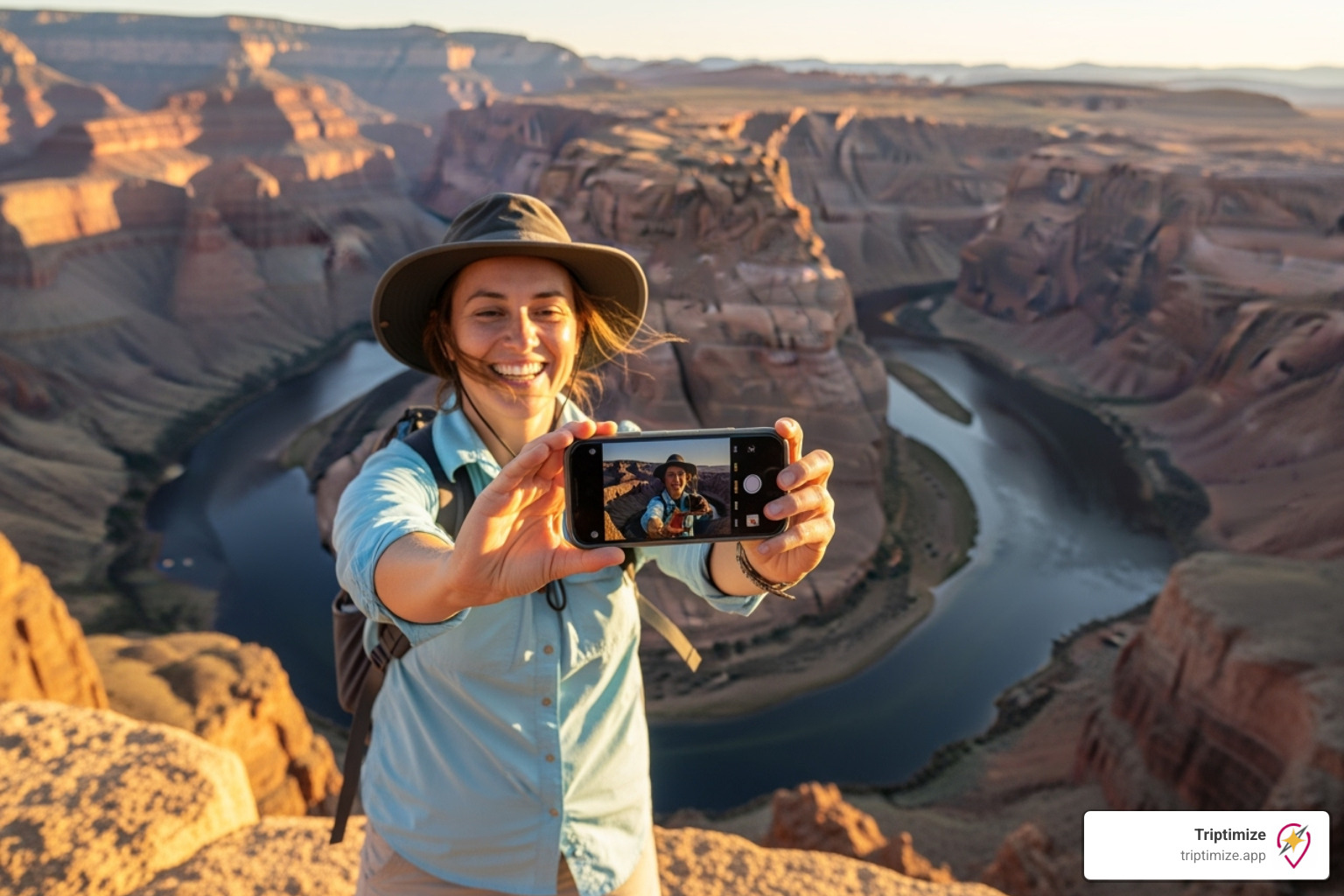 A happy traveler taking a selfie at a beautiful destination, with their trip perfectly planned - travel itinerary creator app A happy traveler taking a selfie at a beautiful destination, with their trip perfectly planned - travel itinerary creator app
