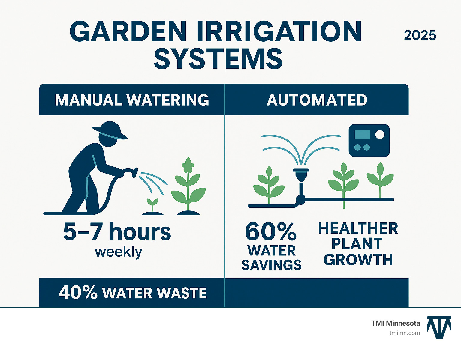 Infographic showing comparison between manual watering requiring 5-7 hours weekly with 40% water waste versus automated garden irrigation systems requiring 0 hours weekly with 60% water savings and healthier plant growth - Garden irrigation systems infographic 