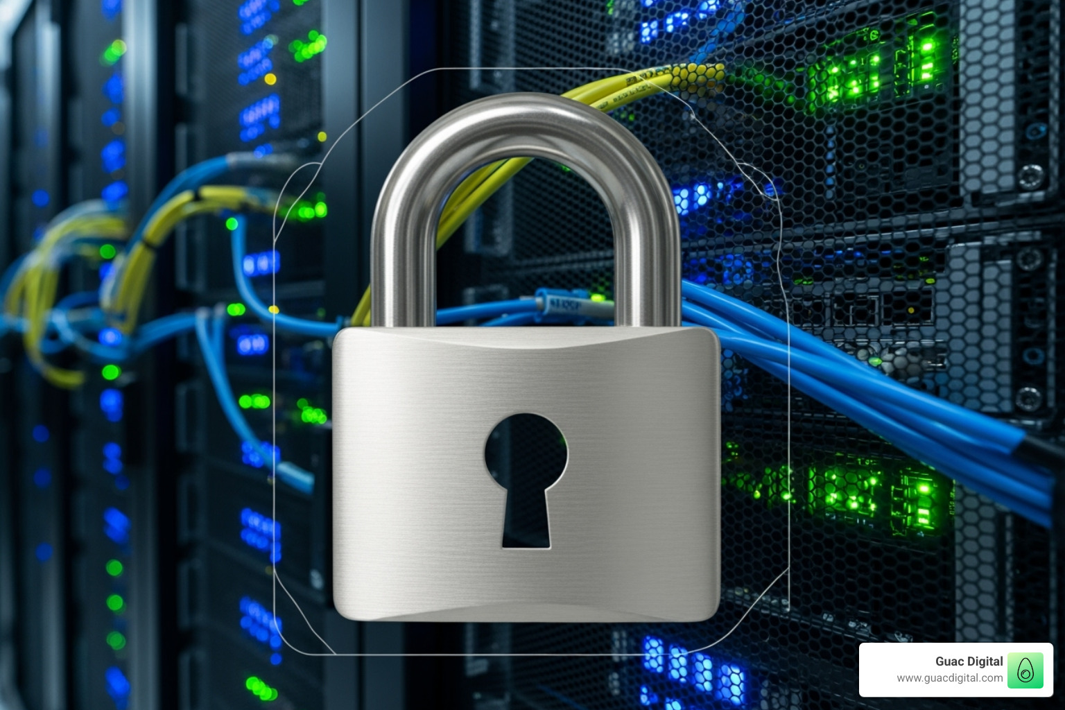 padlock icon over a server rack - big data and digital advertising
