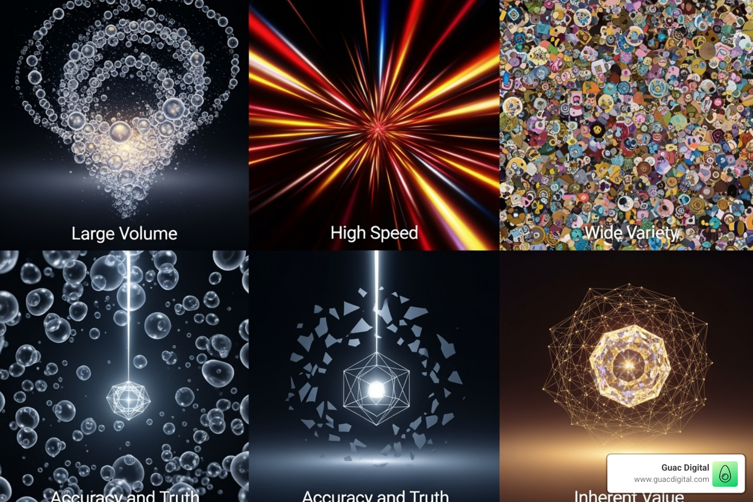 icons representing Volume, Velocity, Variety, Veracity, and Value - big data and digital advertising