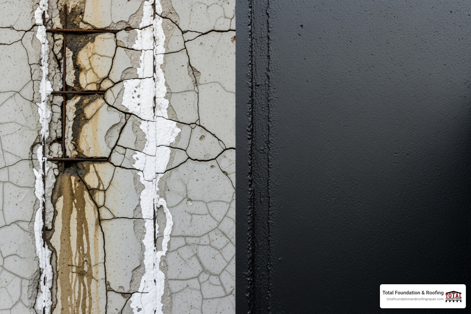 A comparison of a cracked, water-damaged foundation wall next to a solid, waterproofed one - waterproofing contractors