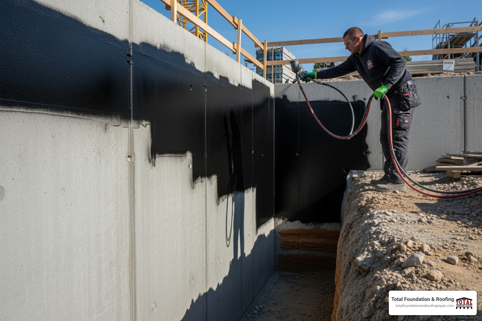 A contractor applying a fluid-applied membrane to a commercial foundation wall - waterproofing contractors