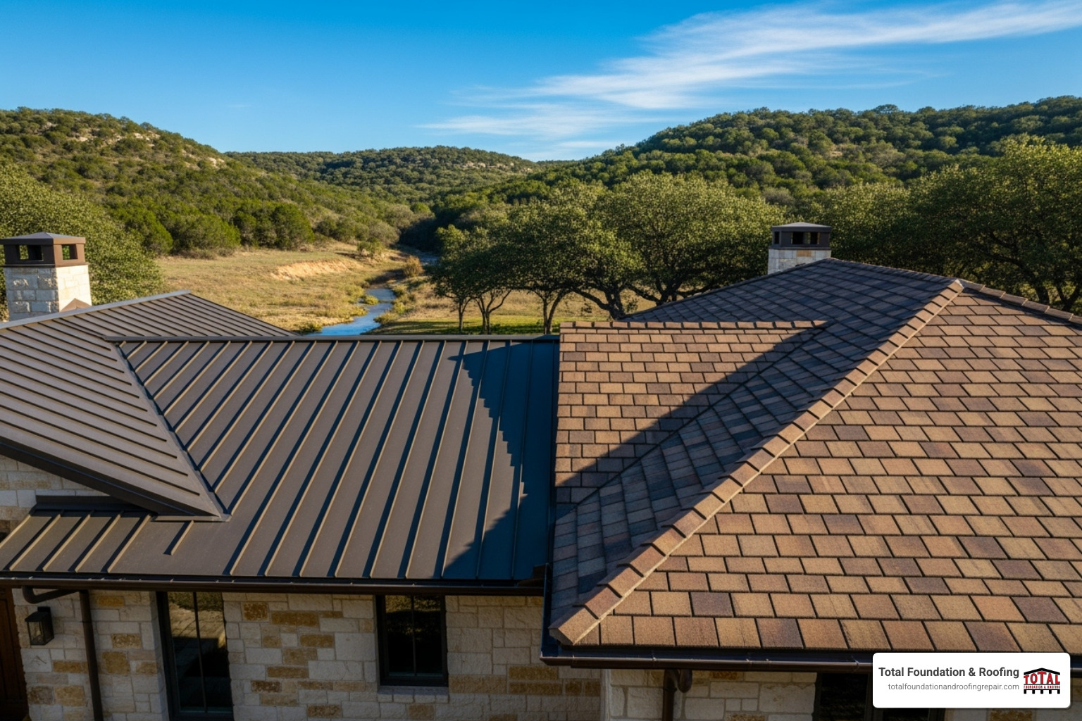 Image showcasing different metal roof styles (standing seam, stone-coated) - metal roofing Fredericksburg TX