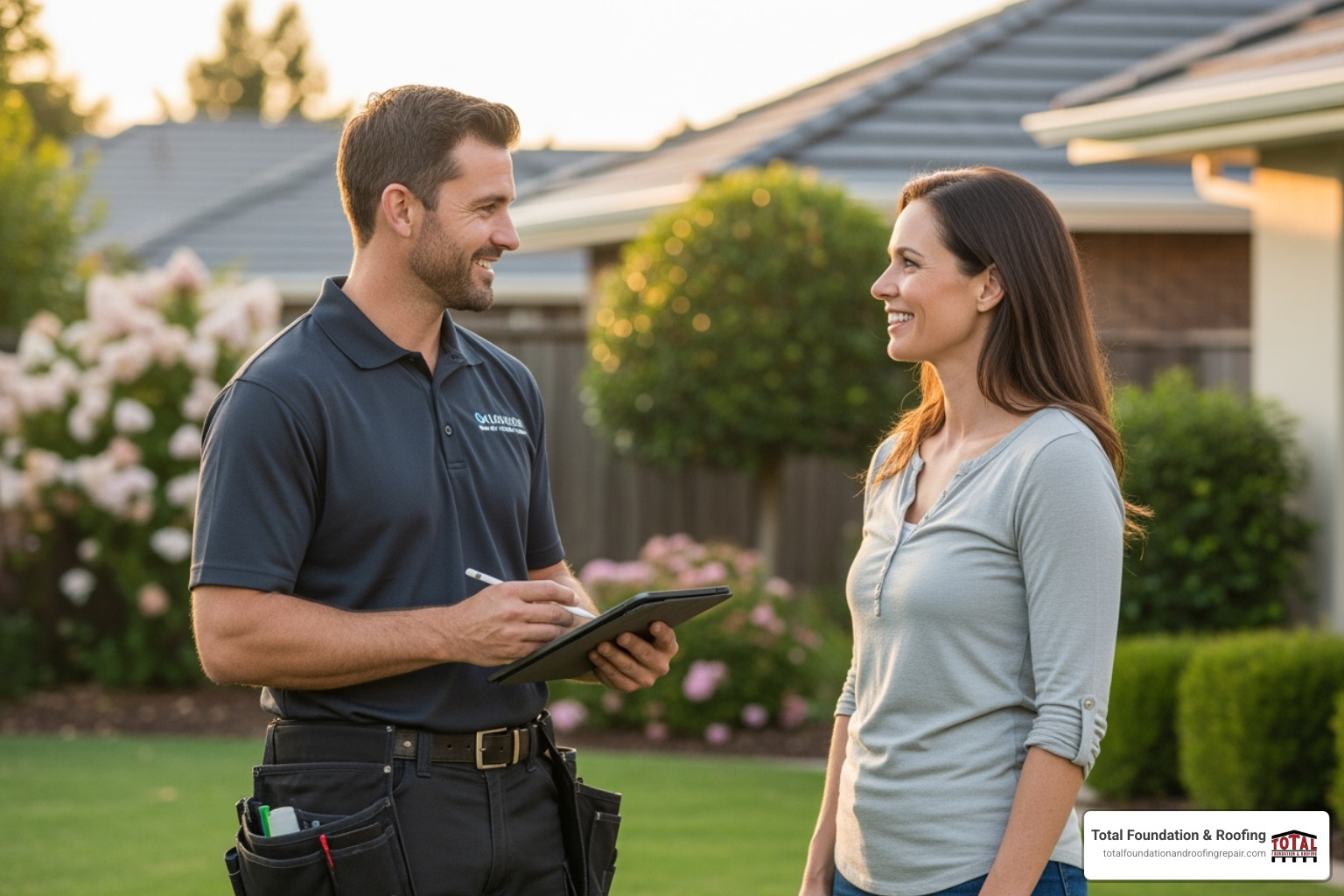 Image of a friendly roofing contractor consulting with a homeowner - metal roofing Fredericksburg TX