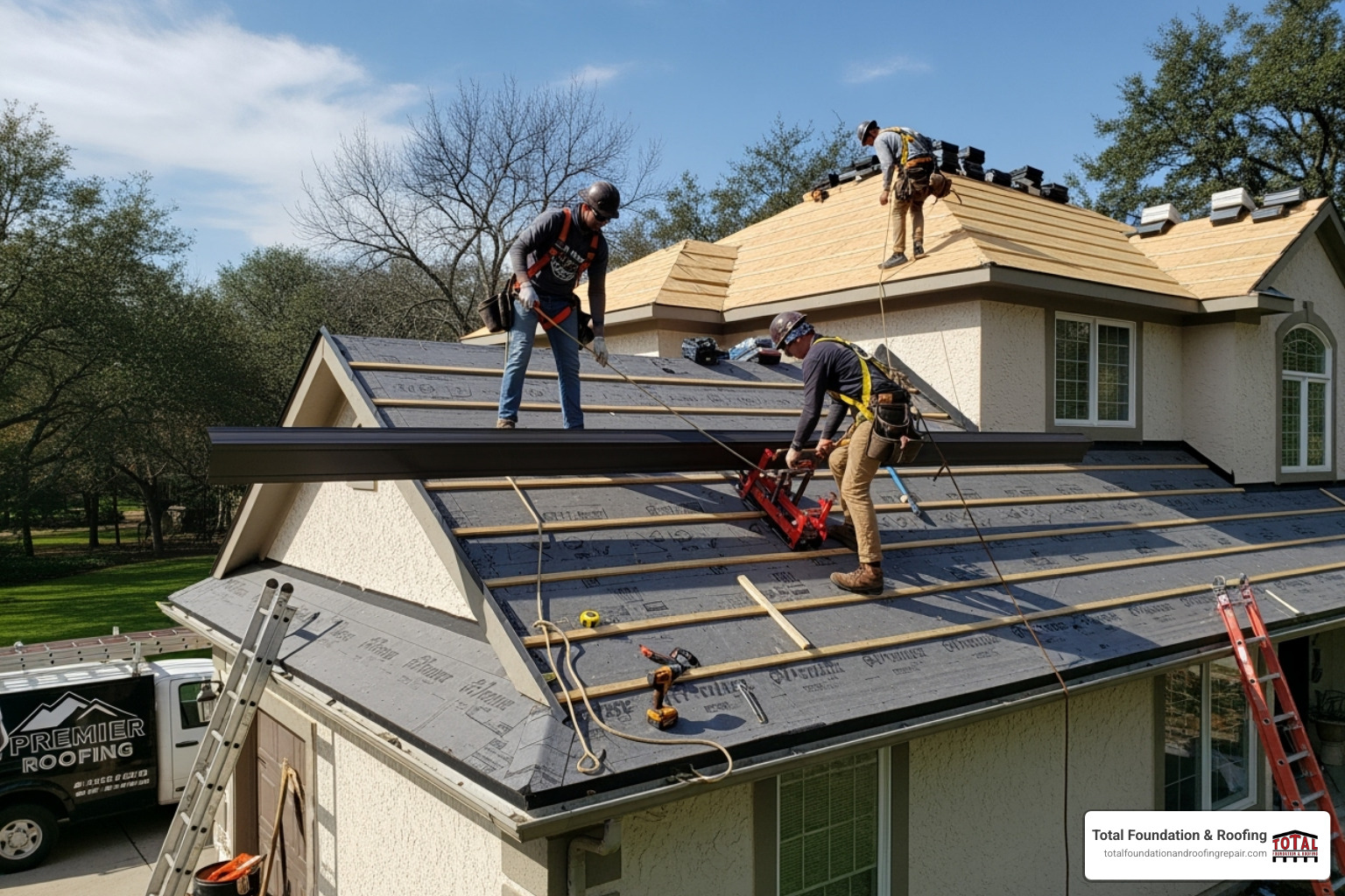 Image of a professional roofing crew installing a standing seam metal roof - metal roofing Fredericksburg TX