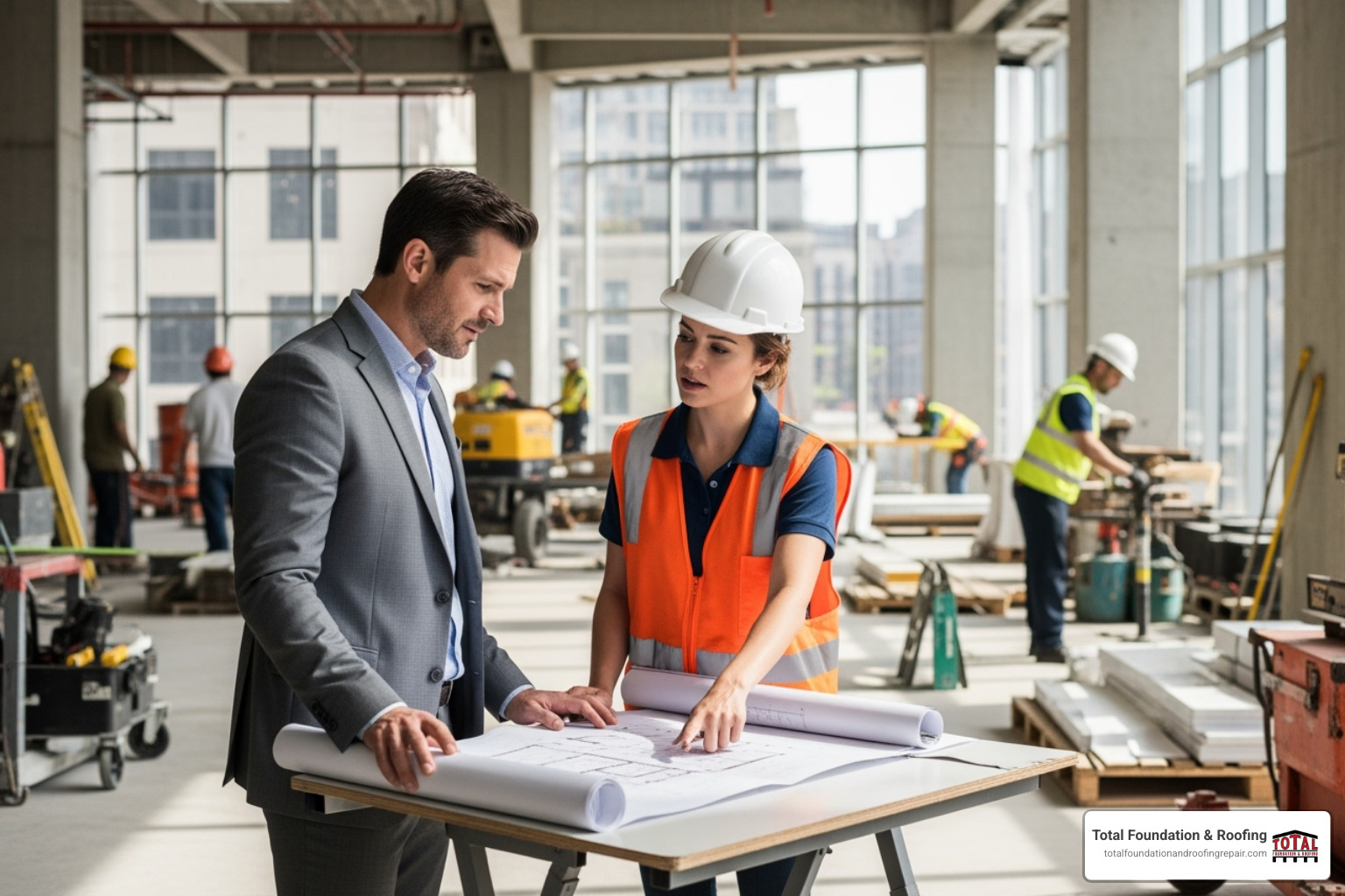 A professional contractor consulting with a building manager on-site - waterproofing contractors