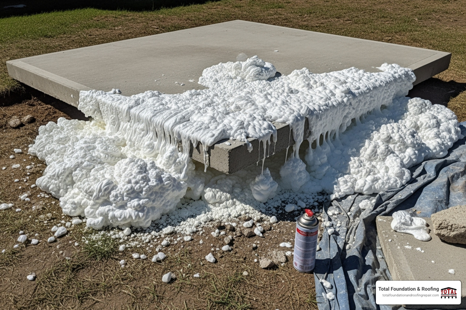 DIY project gone wrong, with over-expanded foam creating a mess - concrete lifting
