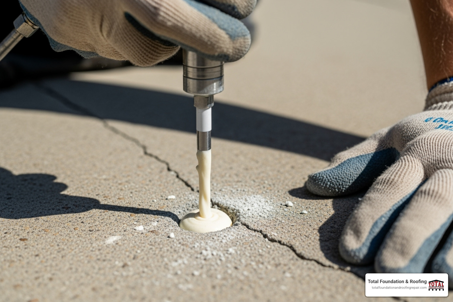 technician injecting material into a drilled hole in a concrete driveway - concrete lifting