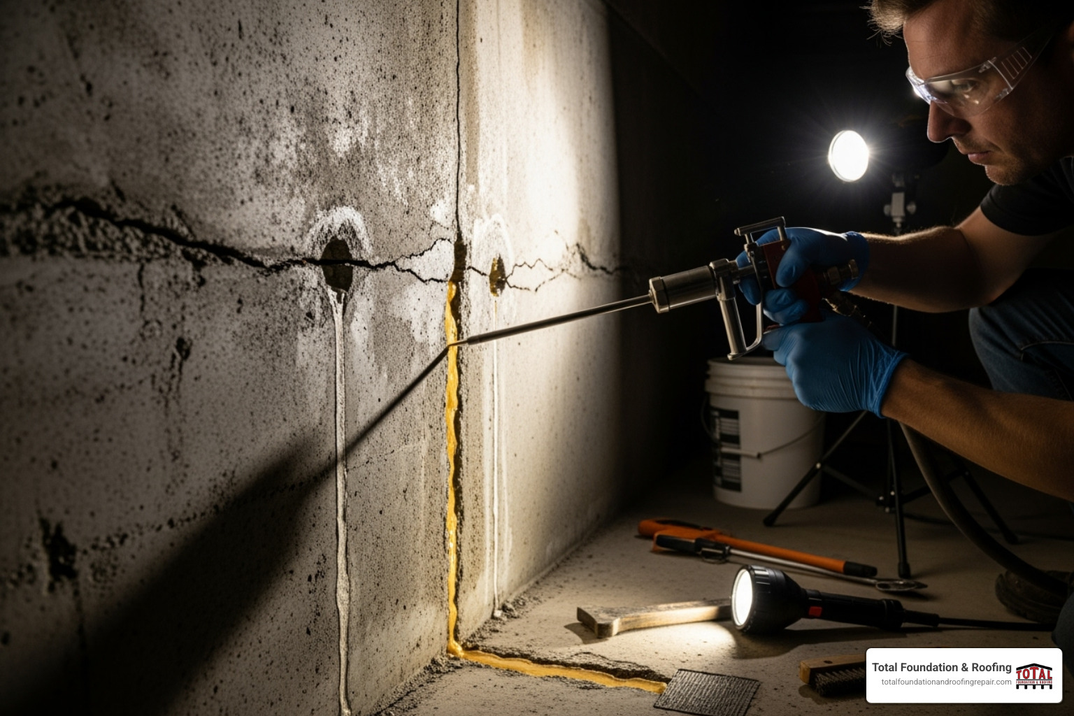 professional injecting epoxy into foundation crack - fix foundation crack