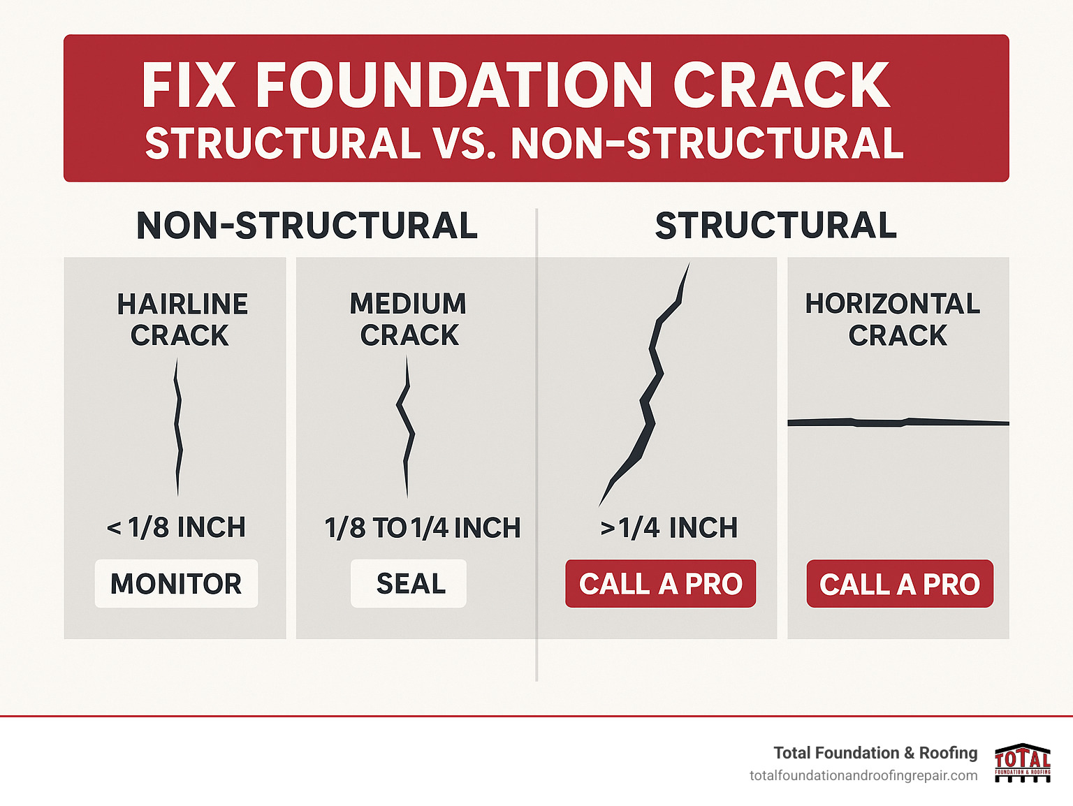Infographic showing the difference between structural and non-structural foundation cracks, including visual examples of crack types, width measurements, and recommended actions for each category - fix foundation crack infographic 
