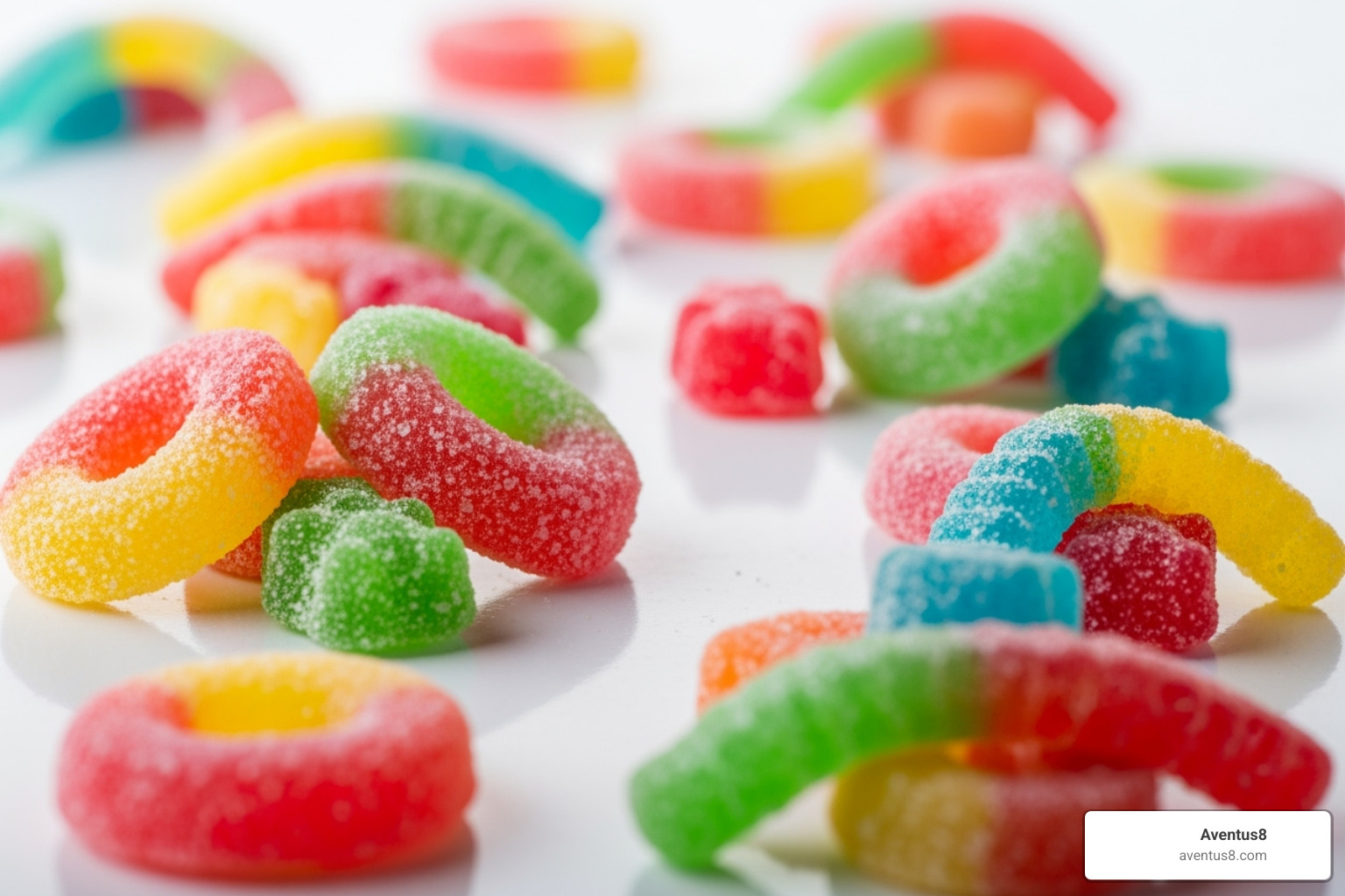 Various Delta 8 gummy shapes including rings, bears, and worms in vibrant colors - Delta 8 THC edibles