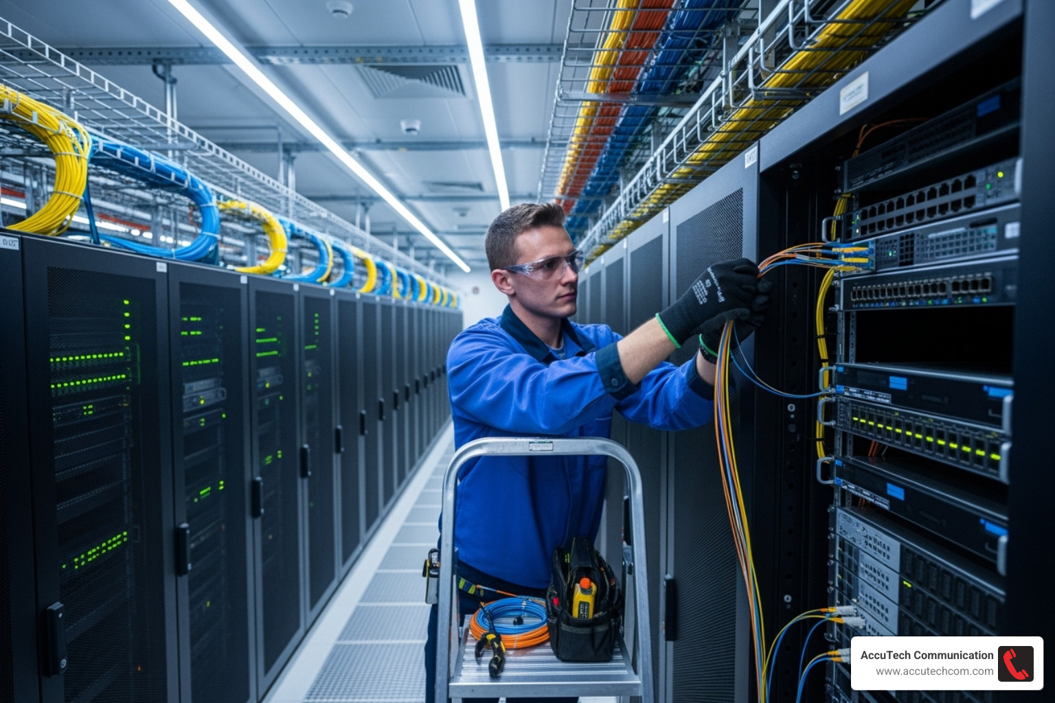 technician installing fiber optic cable in a data center - Structured cabling Boston MA