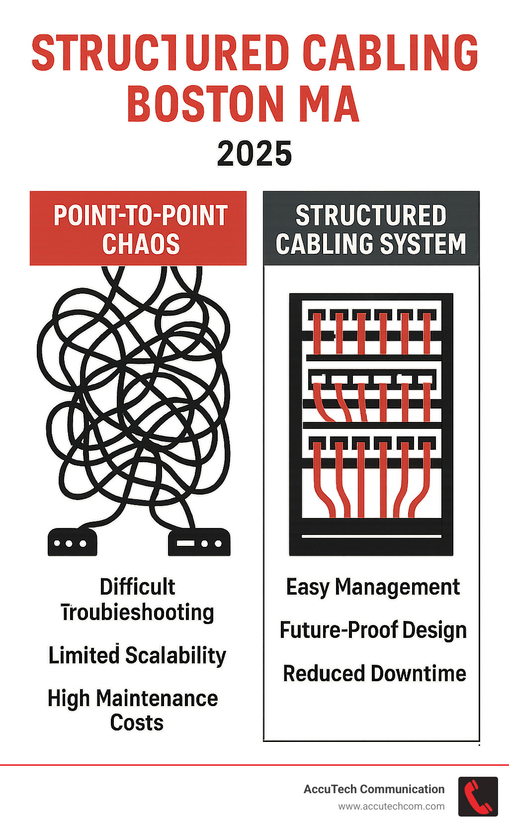 Infographic comparing messy point-to-point wiring versus organized structured cabling system, showing tangled cables on left labeled 'Point-to-Point Chaos' with problems like difficult troubleshooting, limited scalability, and high maintenance costs, versus neat organized cabling on right labeled 'Structured Cabling System' with benefits including easy management, future-proof design, and reduced downtime - Structured cabling Boston MA infographic 